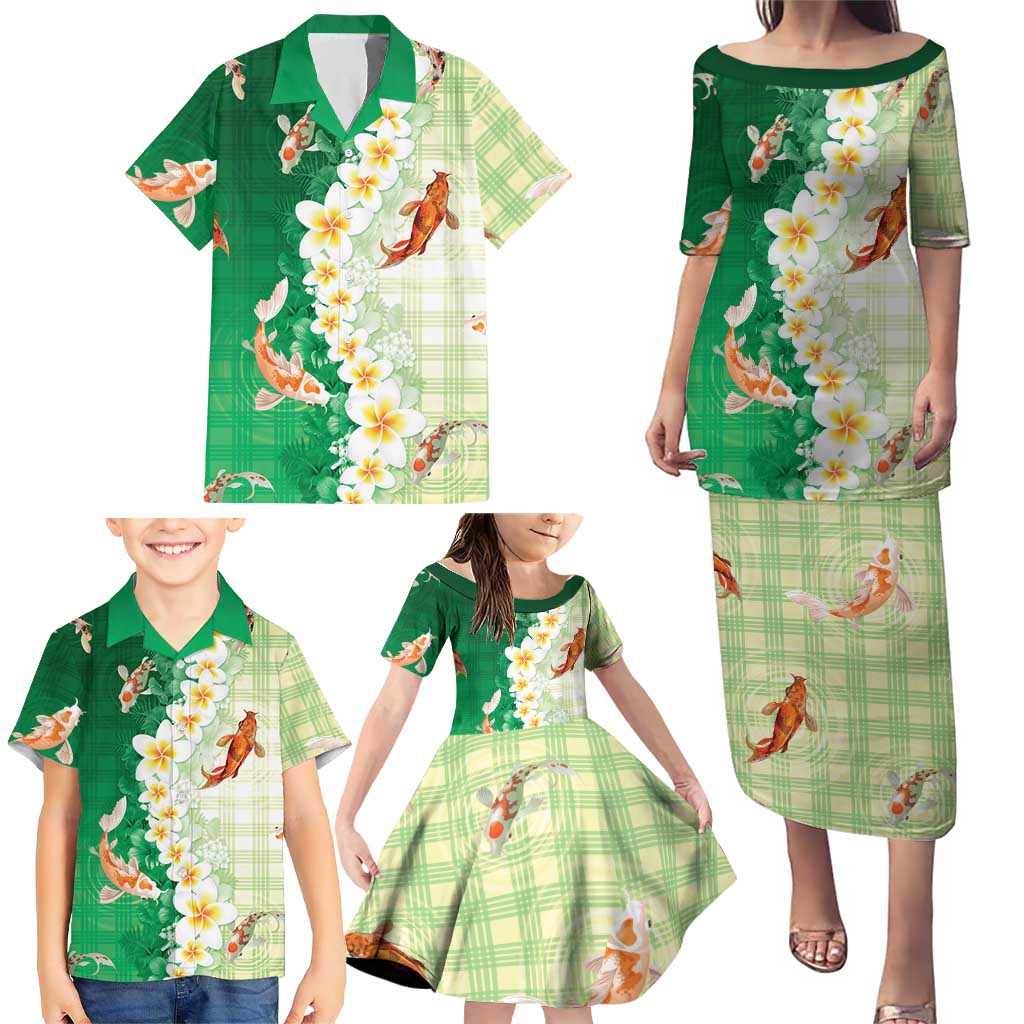 Hawaii And Japan Family Matching Puletasi and Hawaiian Shirt Plumeria Lei With Koi Fish Green LT05 - Polynesian Pride