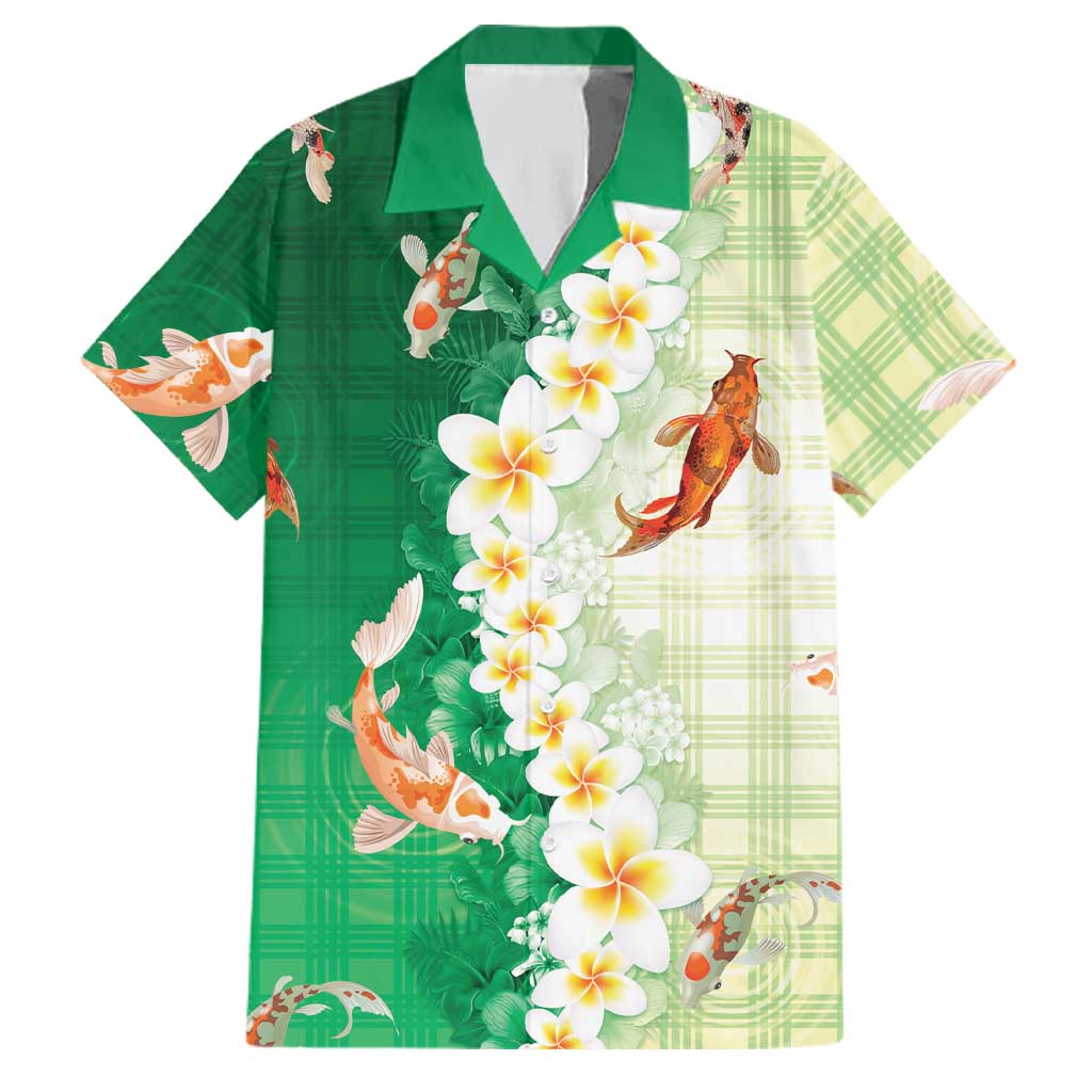 Hawaii And Japan Family Matching Puletasi and Hawaiian Shirt Plumeria Lei With Koi Fish Green LT05 Dad's Shirt - Short Sleeve Green - Polynesian Pride