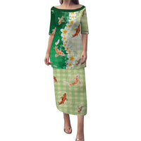 Hawaii And Japan Family Matching Puletasi and Hawaiian Shirt Plumeria Lei With Koi Fish Green LT05 Mom's Dress Green - Polynesian Pride