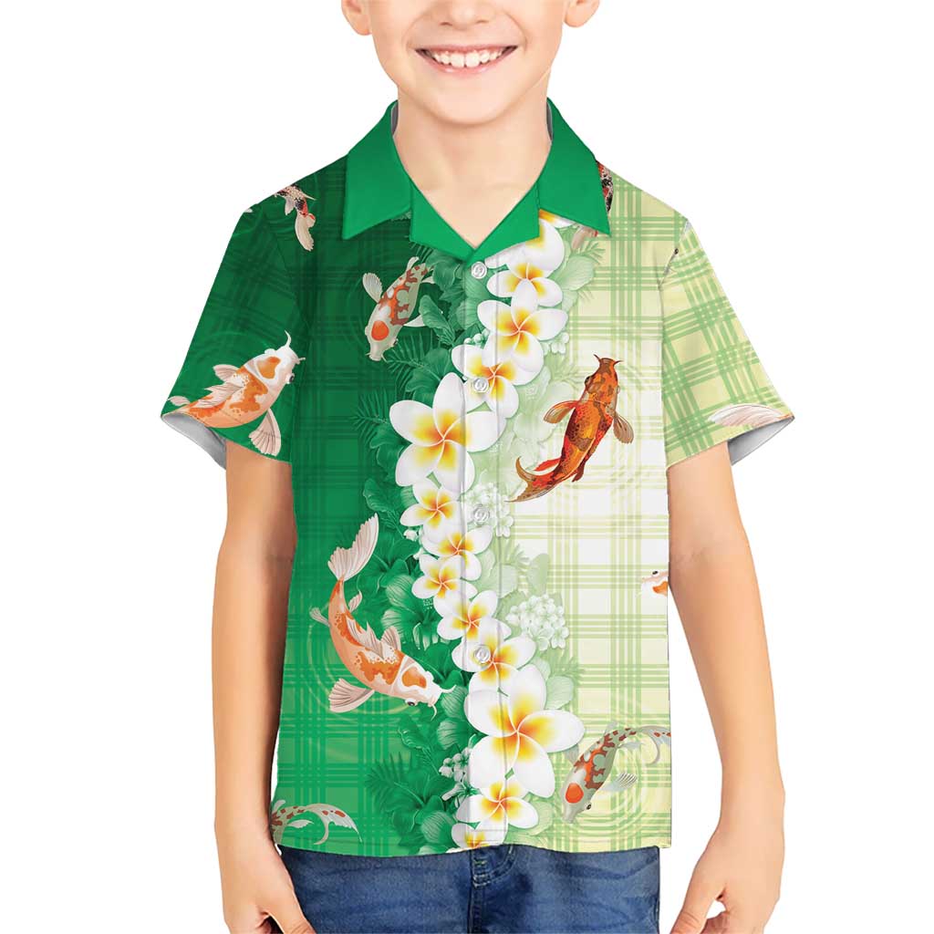 Hawaii And Japan Family Matching Puletasi and Hawaiian Shirt Plumeria Lei With Koi Fish Green LT05 Son's Shirt Green - Polynesian Pride
