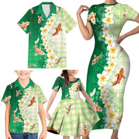 Hawaii And Japan Family Matching Short Sleeve Bodycon Dress and Hawaiian Shirt Plumeria Lei With Koi Fish Green - Polynesian Pride
