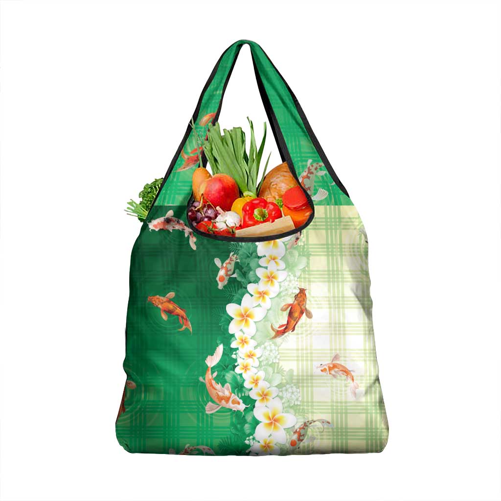 Hawaii And Japan Grocery Bag Plumeria Lei With Koi Fish Green LT05 1-pack One Size Green - Polynesian Pride