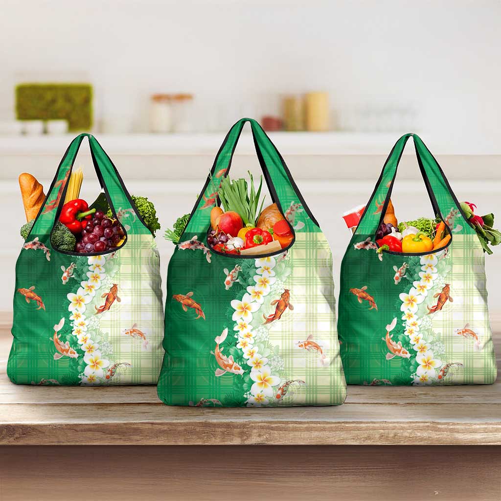 Hawaii And Japan Grocery Bag Plumeria Lei With Koi Fish Green LT05 3-pack One Size Green - Polynesian Pride