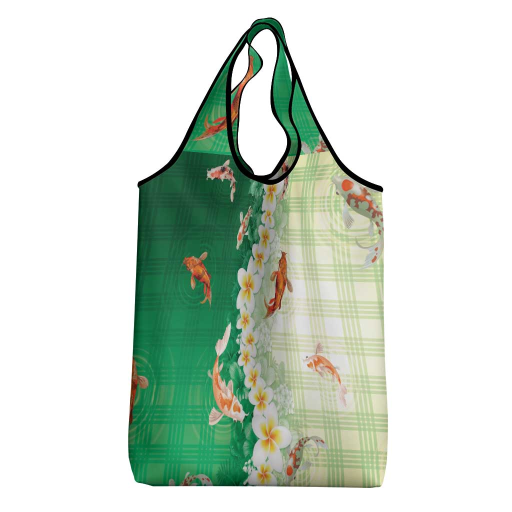 Hawaii And Japan Grocery Bag Plumeria Lei With Koi Fish Green LT05 - Polynesian Pride