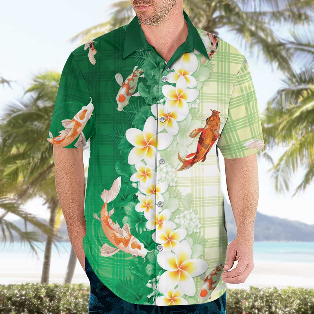 Hawaii And Japan Hawaiian Shirt Plumeria Lei With Koi Fish Green LT05 - Polynesian Pride