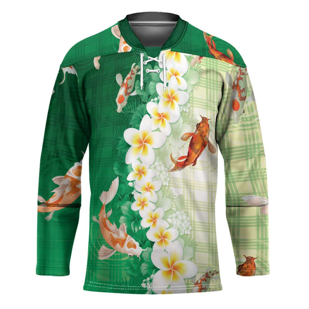 Hawaii And Japan Hockey Jersey Plumeria Lei With Koi Fish Green - Polynesian Pride