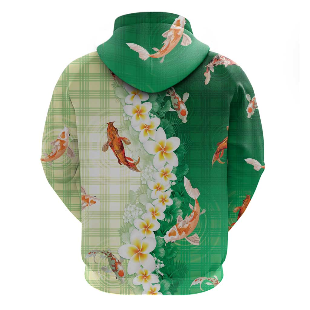 Hawaii And Japan Hoodie Plumeria Lei With Koi Fish Green LT05 - Polynesian Pride