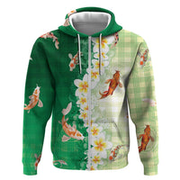 Hawaii And Japan Hoodie Plumeria Lei With Koi Fish Green LT05 Zip Hoodie Green - Polynesian Pride