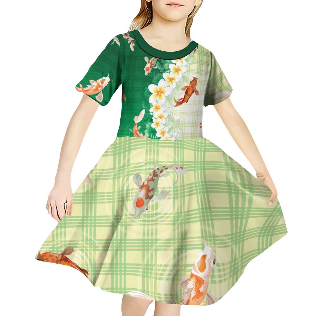 Hawaii And Japan Kid Short Sleeve Dress Plumeria Lei With Koi Fish Green LT05 - Polynesian Pride