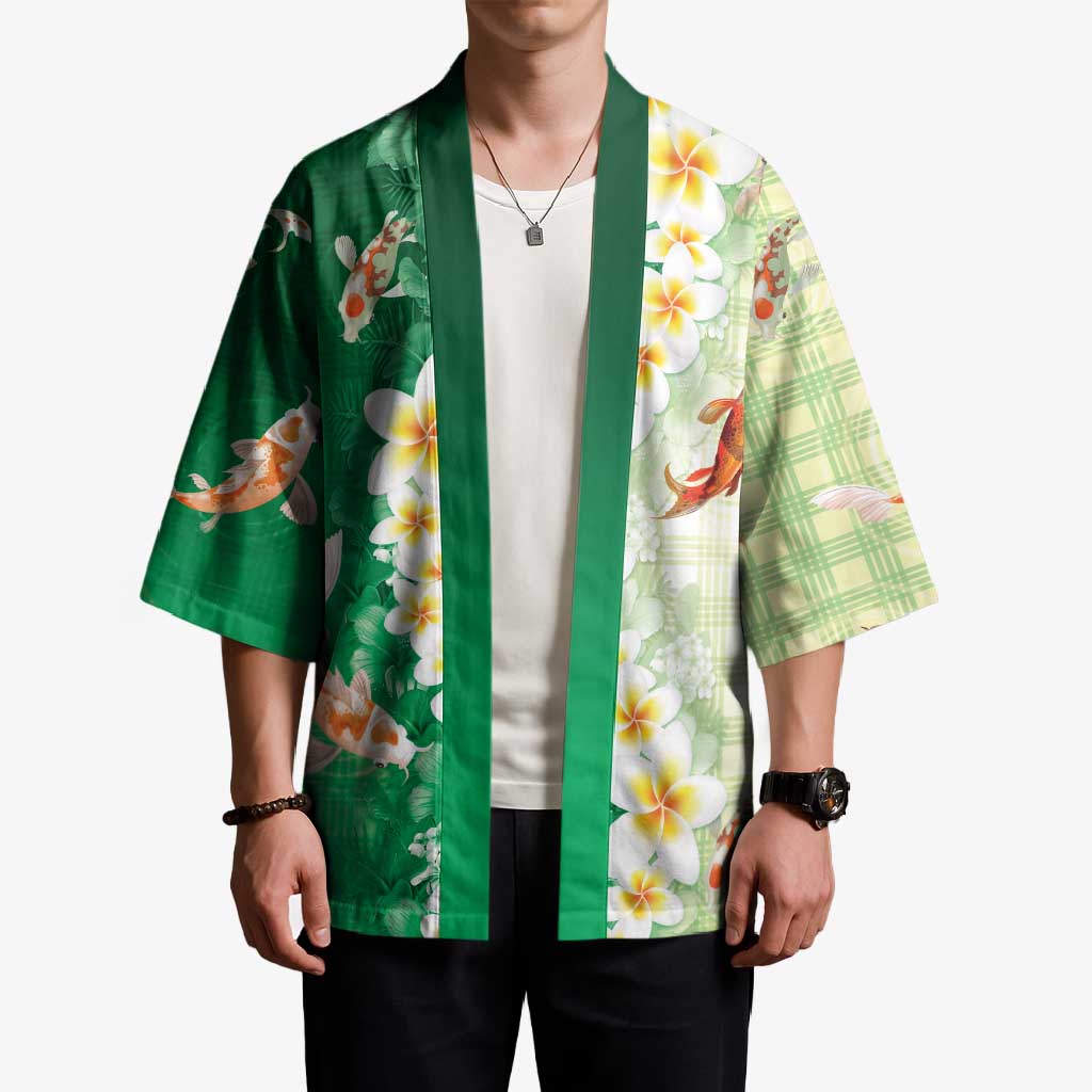 Hawaii And Japan Kimono Plumeria Lei With Koi Fish Green LT05 - Polynesian Pride
