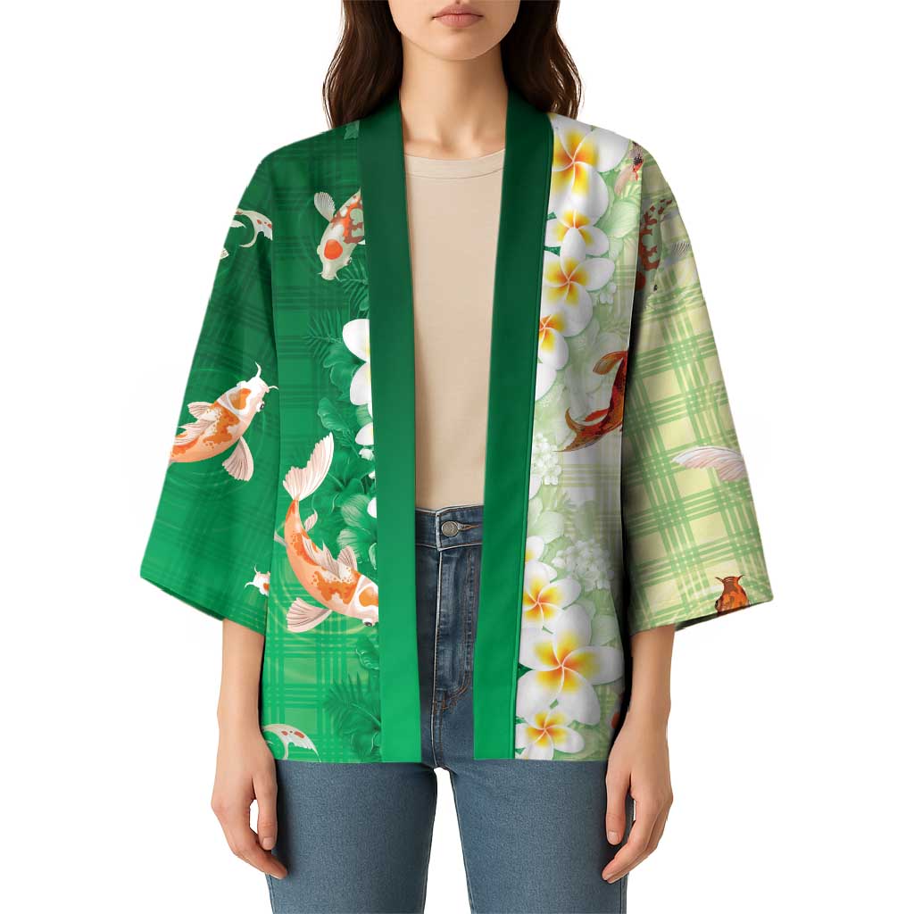 Hawaii And Japan Kimono Plumeria Lei With Koi Fish Green LT05 - Polynesian Pride