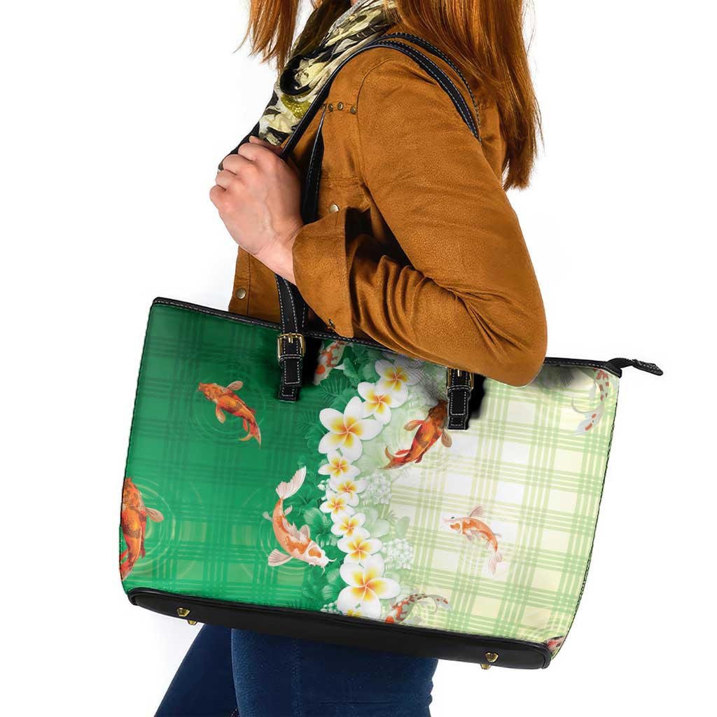 Hawaii And Japan Leather Tote Bag Plumeria Lei With Koi Fish Green LT05 Green - Polynesian Pride