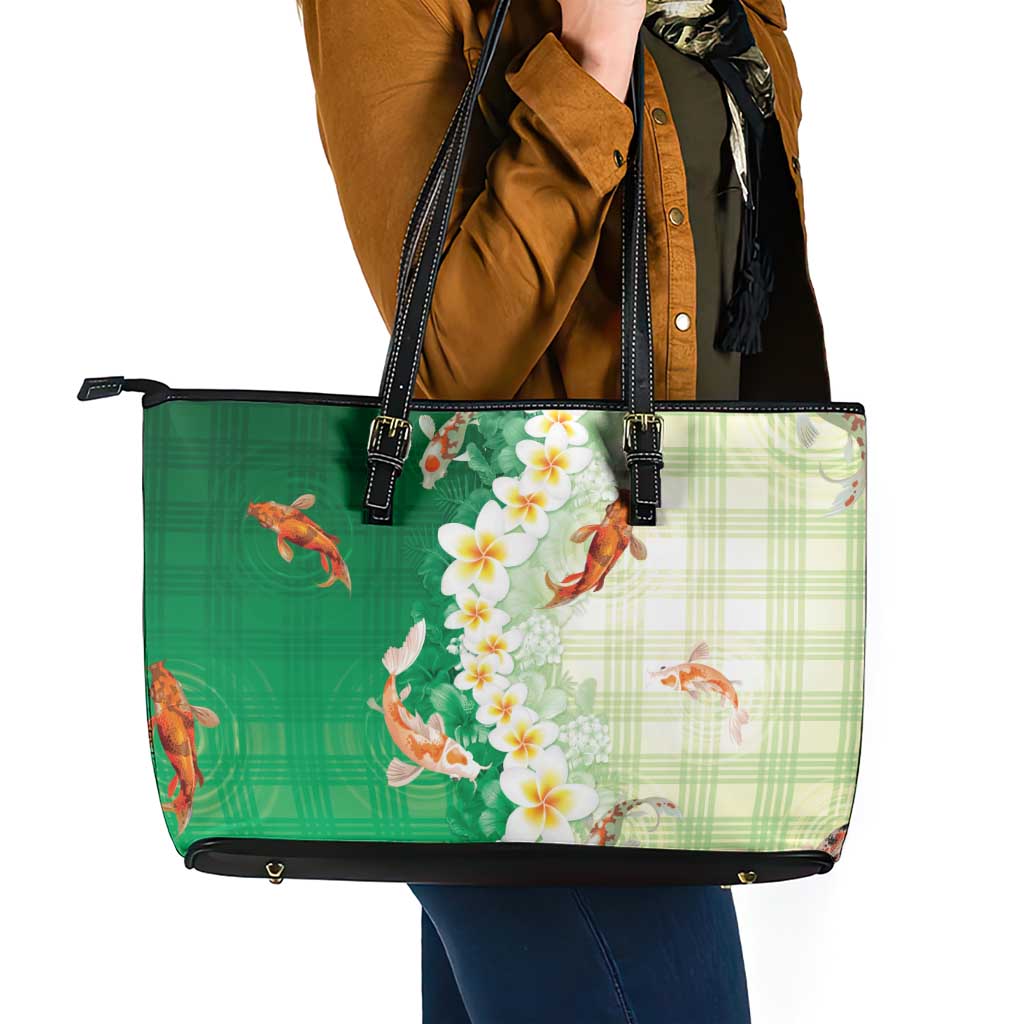 Hawaii And Japan Leather Tote Bag Plumeria Lei With Koi Fish Green LT05 - Polynesian Pride