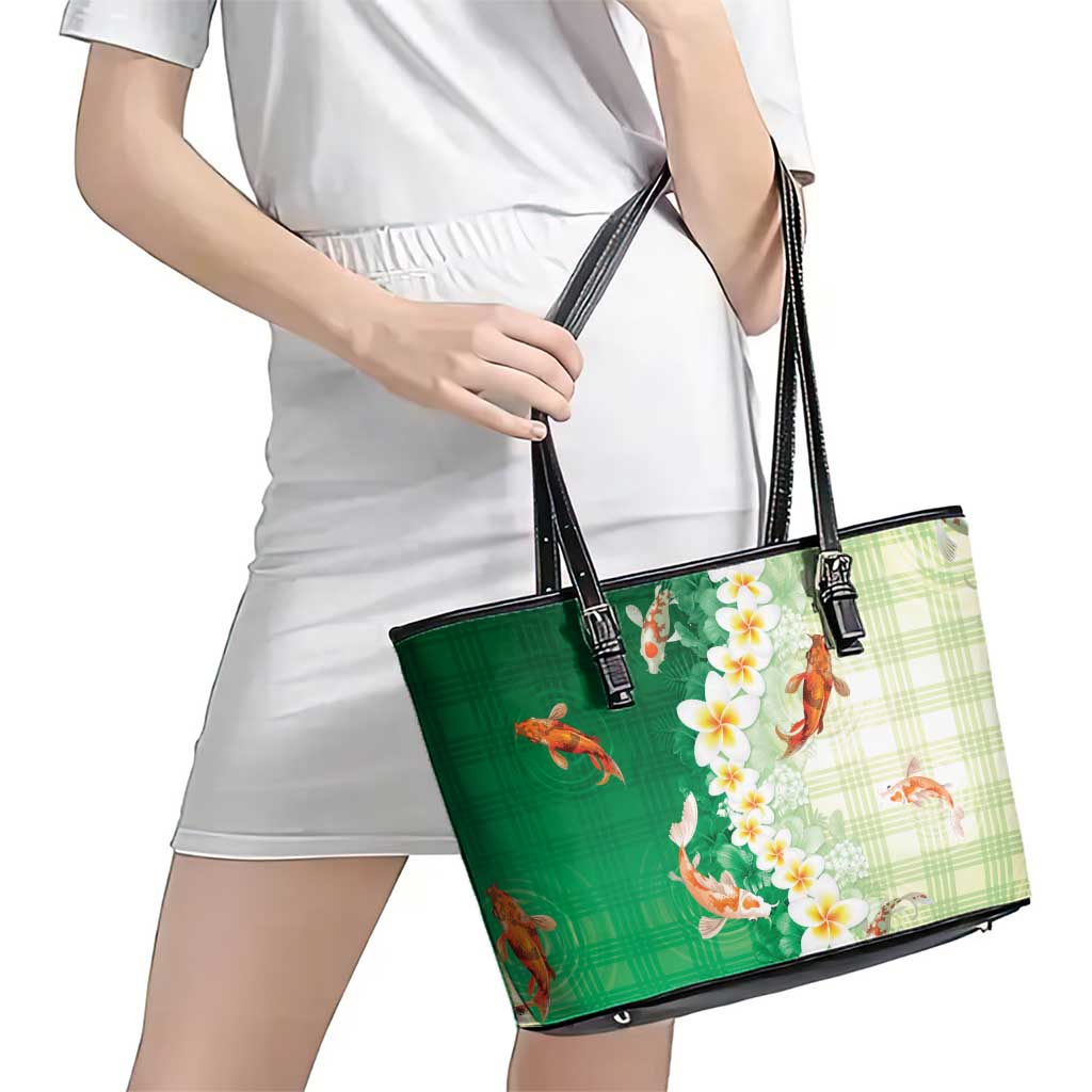 Hawaii And Japan Leather Tote Bag Plumeria Lei With Koi Fish Green LT05 - Polynesian Pride