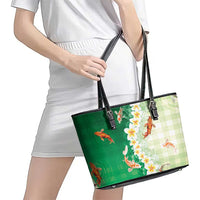 Hawaii And Japan Leather Tote Bag Plumeria Lei With Koi Fish Green LT05 - Polynesian Pride