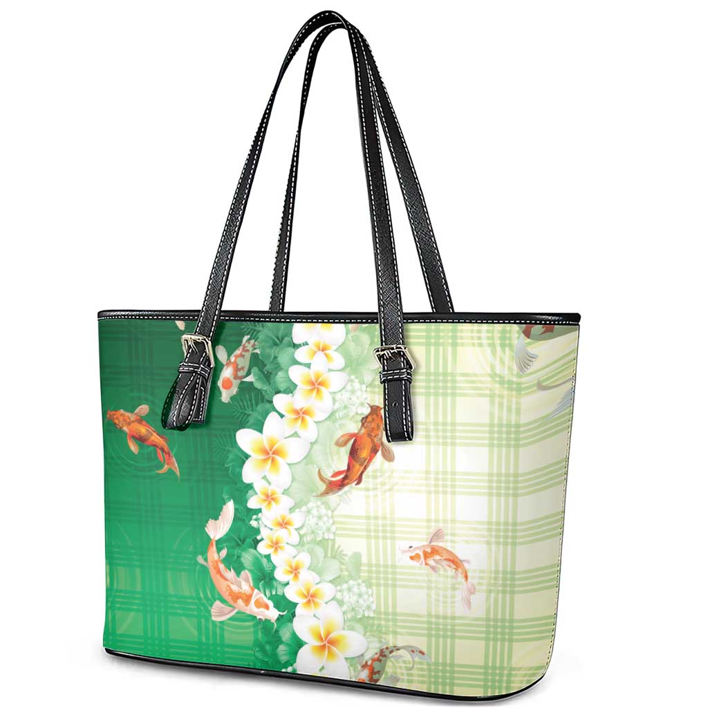 Hawaii And Japan Leather Tote Bag Plumeria Lei With Koi Fish Green LT05 - Polynesian Pride