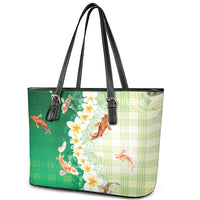Hawaii And Japan Leather Tote Bag Plumeria Lei With Koi Fish Green LT05 - Polynesian Pride