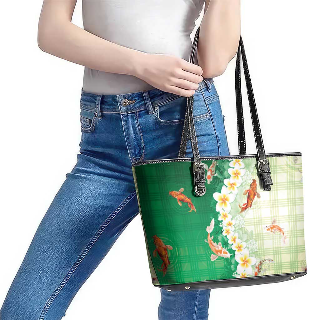 Hawaii And Japan Leather Tote Bag Plumeria Lei With Koi Fish Green LT05 - Polynesian Pride