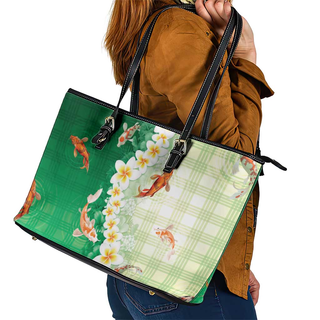 Hawaii And Japan Leather Tote Bag Plumeria Lei With Koi Fish Green LT05 - Polynesian Pride