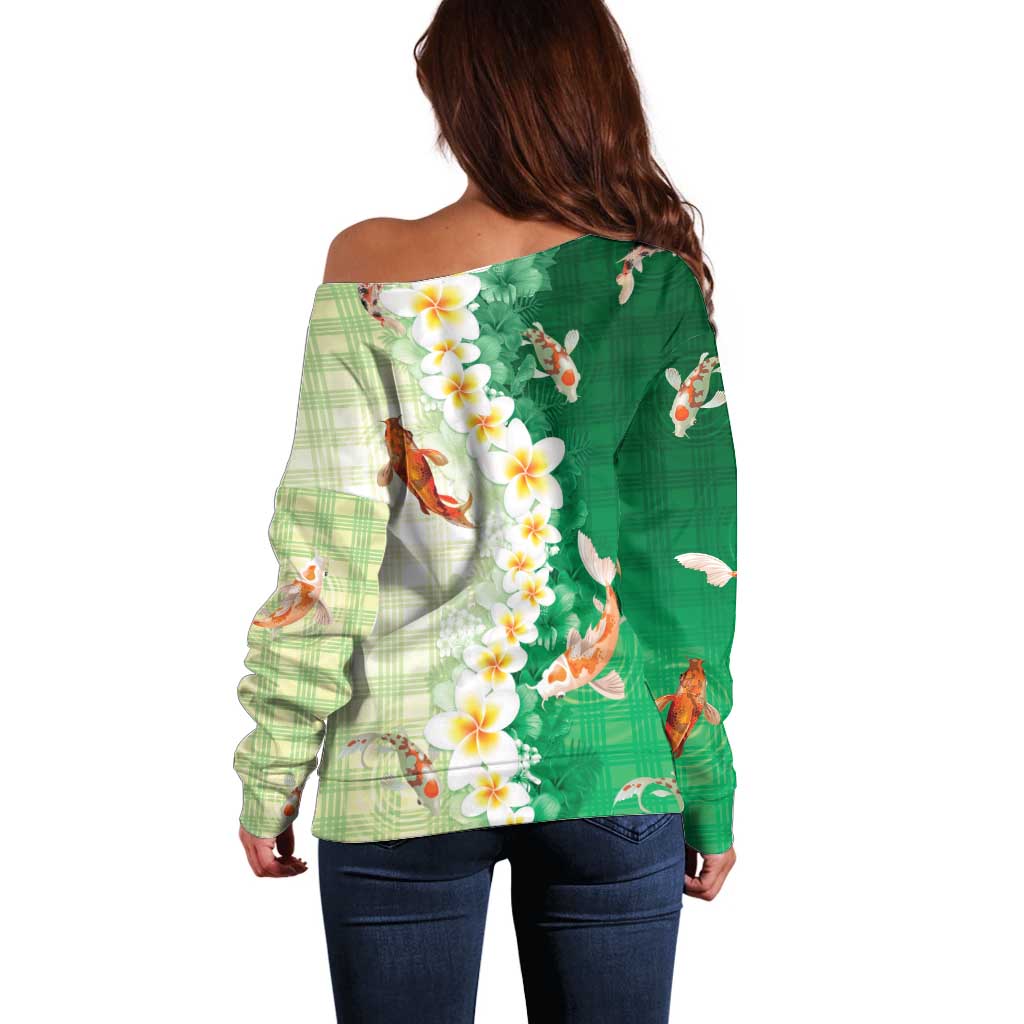 Hawaii And Japan Off Shoulder Sweater Plumeria Lei With Koi Fish Green LT05 - Polynesian Pride