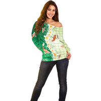Hawaii And Japan Off Shoulder Sweater Plumeria Lei With Koi Fish Green LT05 - Polynesian Pride