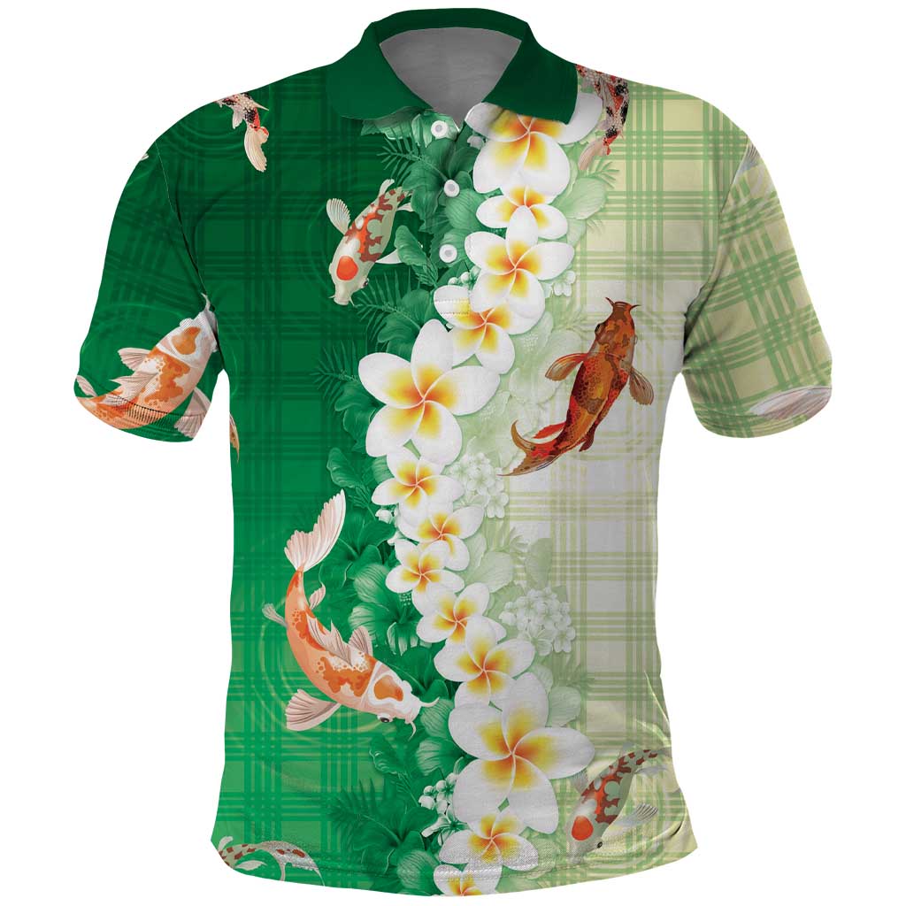 Hawaii And Japan Polo Shirt Plumeria Lei With Koi Fish Green LT05 Green - Polynesian Pride