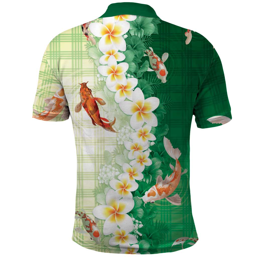 Hawaii And Japan Polo Shirt Plumeria Lei With Koi Fish Green LT05 - Polynesian Pride