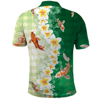 Hawaii And Japan Polo Shirt Plumeria Lei With Koi Fish Green LT05 - Polynesian Pride