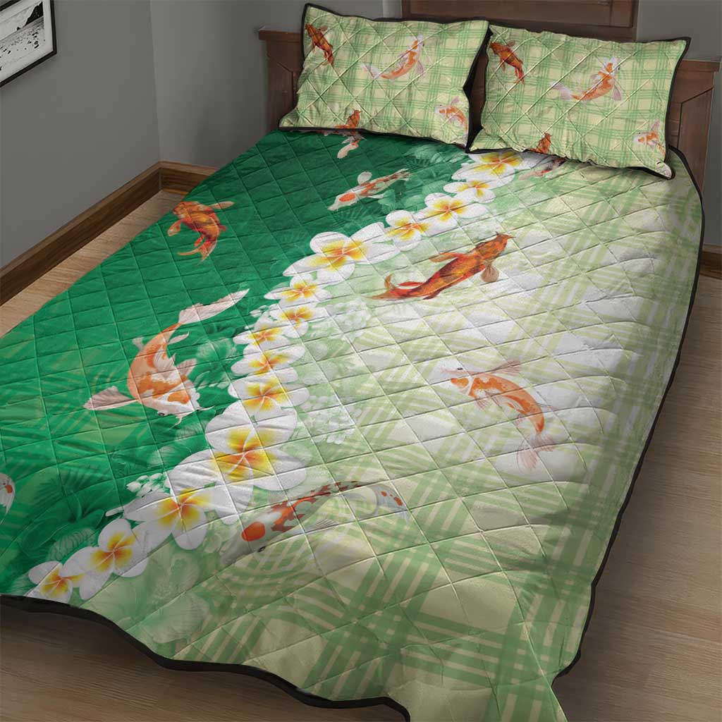 Hawaii And Japan Quilt Bed Set Plumeria Lei With Koi Fish Green LT05 - Polynesian Pride