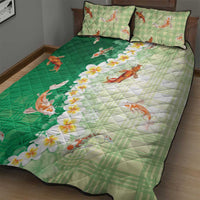 Hawaii And Japan Quilt Bed Set Plumeria Lei With Koi Fish Green LT05 - Polynesian Pride