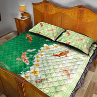 Hawaii And Japan Quilt Bed Set Plumeria Lei With Koi Fish Green LT05 - Polynesian Pride