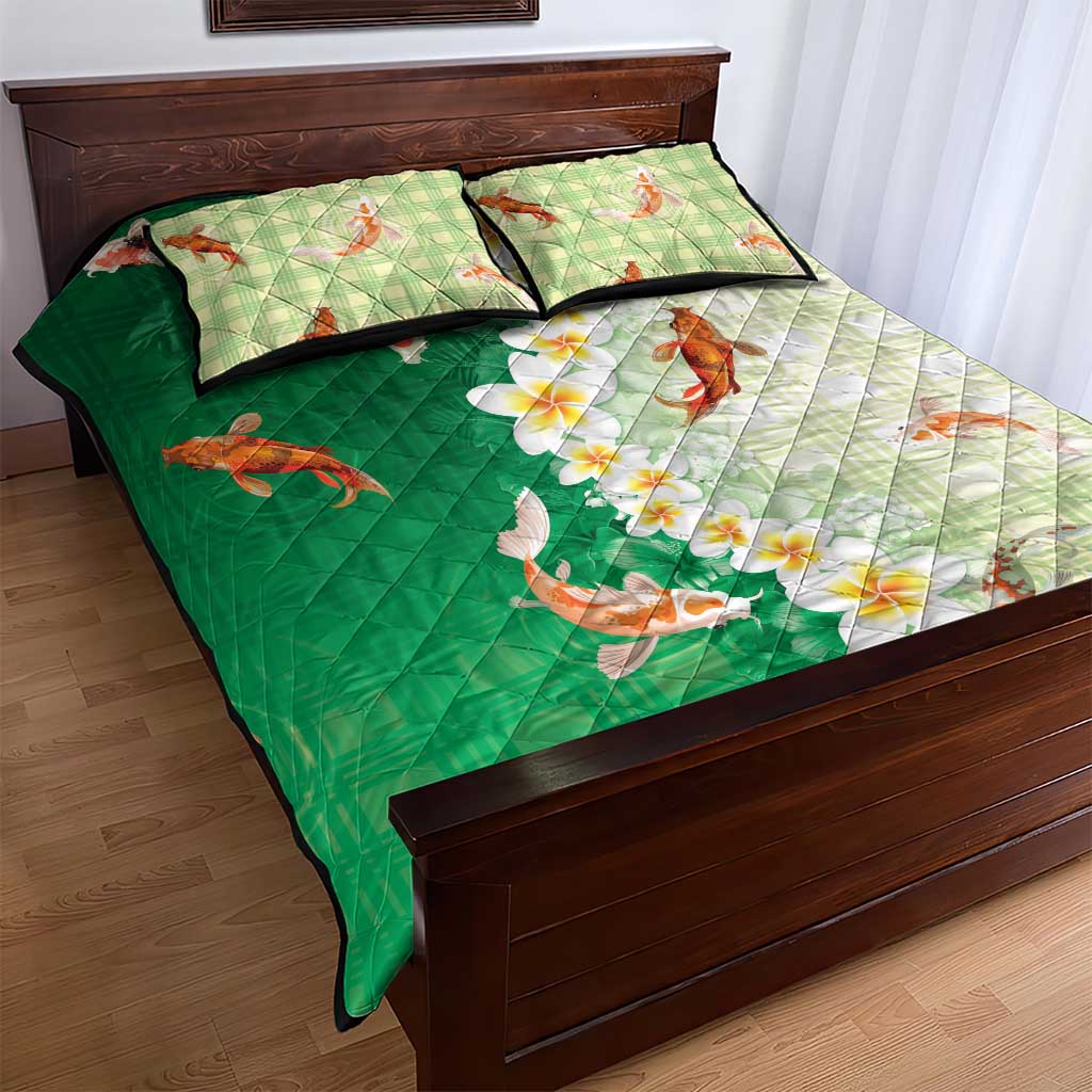 Hawaii And Japan Quilt Bed Set Plumeria Lei With Koi Fish Green LT05 - Polynesian Pride