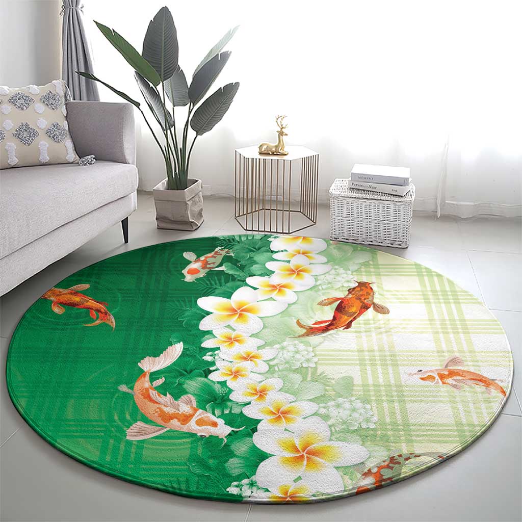 Hawaii And Japan Round Carpet Plumeria Lei With Koi Fish Green LT05 - Polynesian Pride