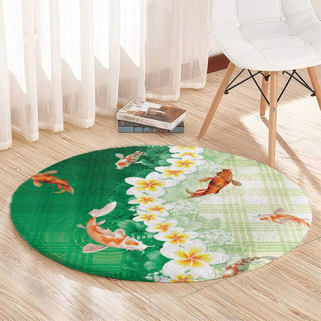 Hawaii And Japan Round Carpet Plumeria Lei With Koi Fish Green LT05 - Polynesian Pride