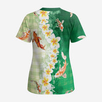 Hawaii And Japan Scrub Top Plumeria Lei With Koi Fish Green LT05 - Polynesian Pride