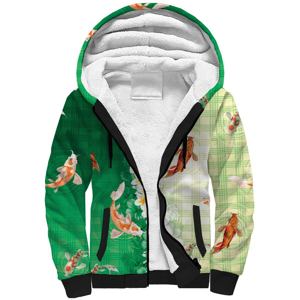Hawaii And Japan Sherpa Hoodie Plumeria Lei With Koi Fish Green LT05 Unisex Green - Polynesian Pride