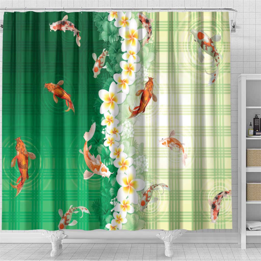 Hawaii And Japan Shower Curtain Plumeria Lei With Koi Fish Green LT05 - Polynesian Pride