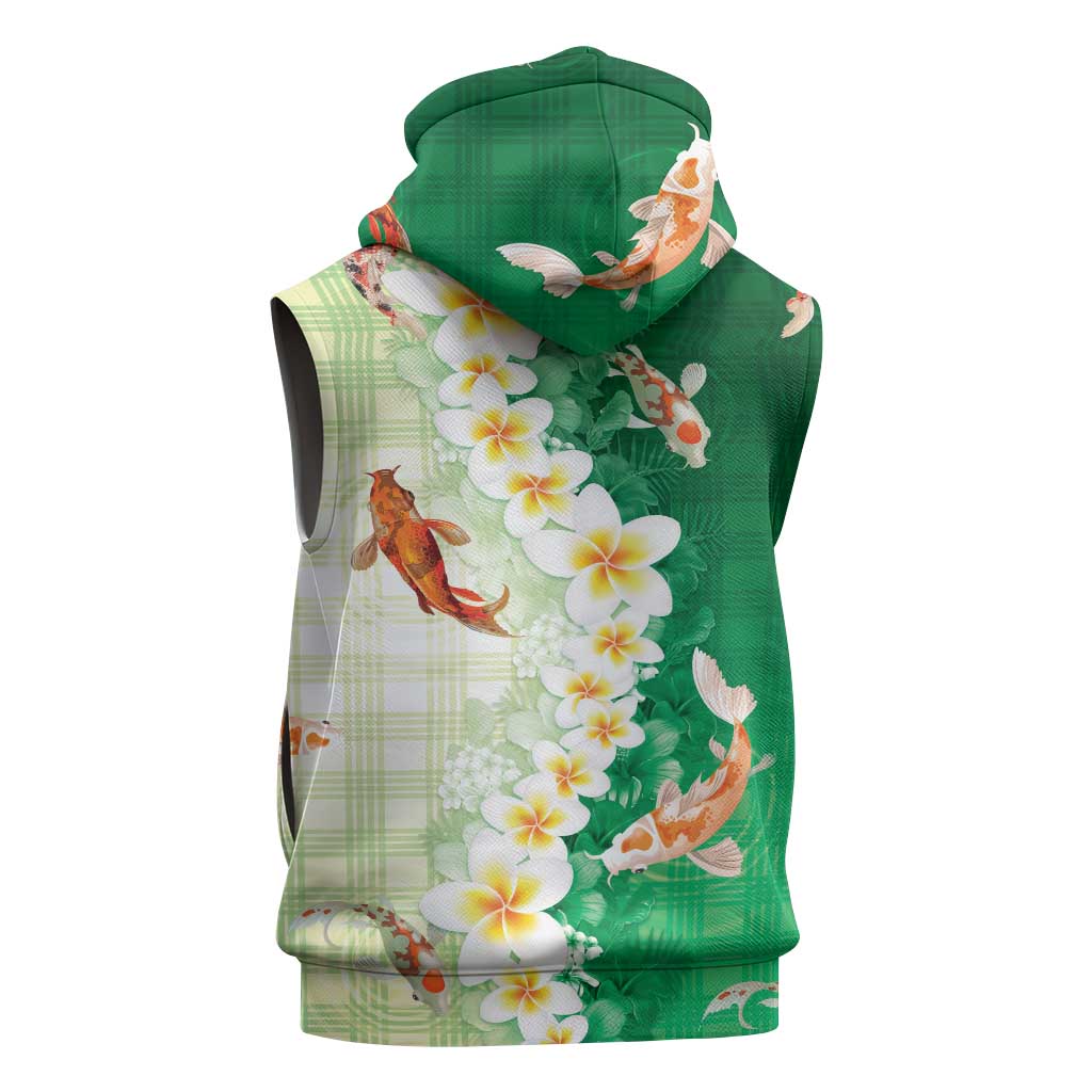 Hawaii And Japan Sleeveless Zip Hoodie Plumeria Lei With Koi Fish Green LT05 - Polynesian Pride