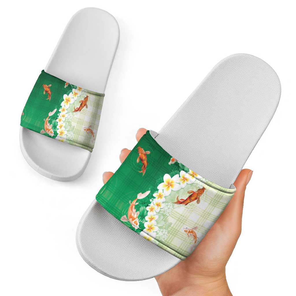 Hawaii And Japan Slide Sandals Plumeria Lei With Koi Fish Green LT05 - Polynesian Pride