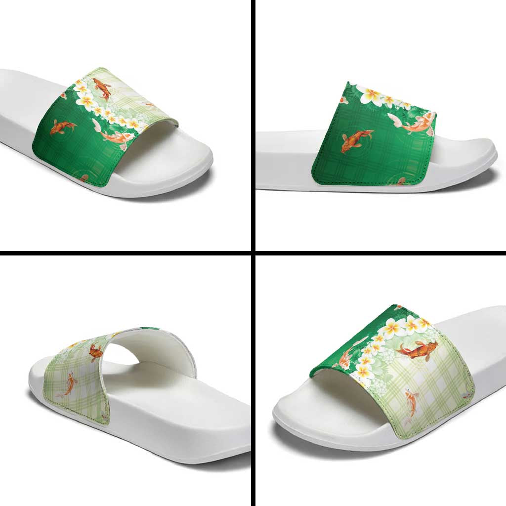 Hawaii And Japan Slide Sandals Plumeria Lei With Koi Fish Green LT05 - Polynesian Pride