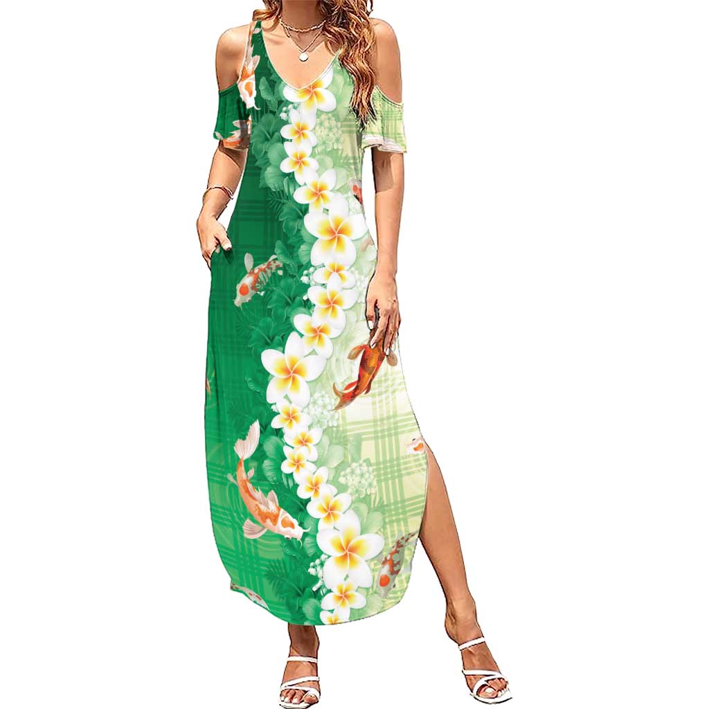 Hawaii And Japan Summer Maxi Dress Plumeria Lei With Koi Fish Green LT05 Women Green - Polynesian Pride