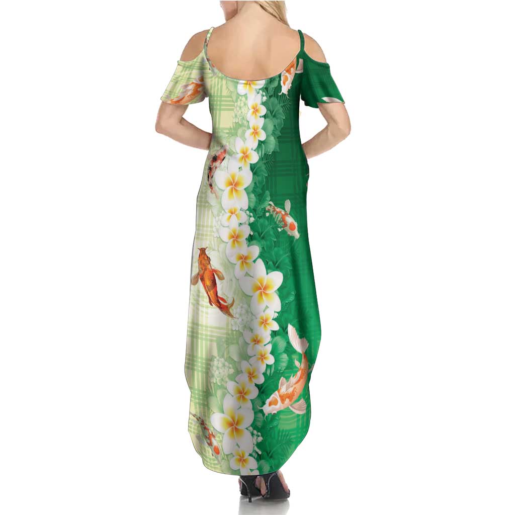 Hawaii And Japan Summer Maxi Dress Plumeria Lei With Koi Fish Green LT05 - Polynesian Pride