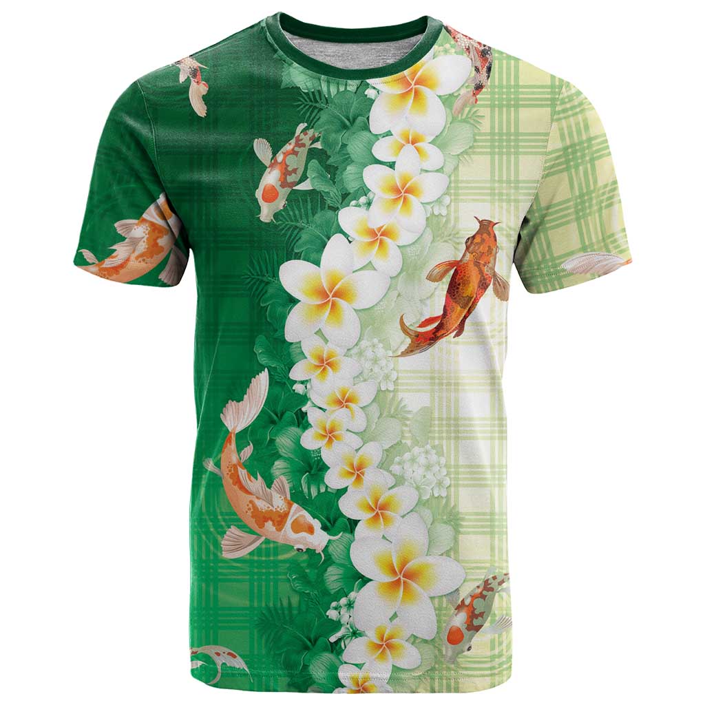 Hawaii And Japan T Shirt Plumeria Lei With Koi Fish Green LT05 Green - Polynesian Pride