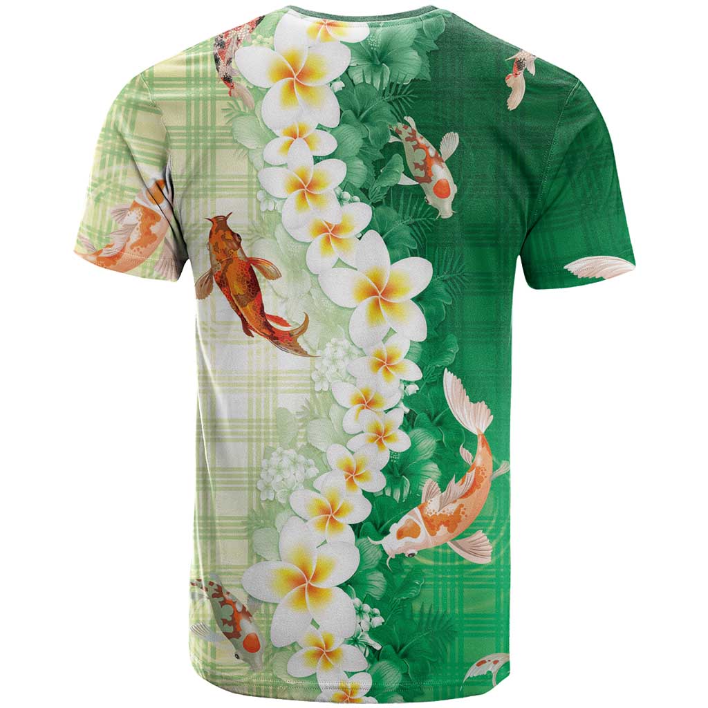 Hawaii And Japan T Shirt Plumeria Lei With Koi Fish Green LT05 - Polynesian Pride