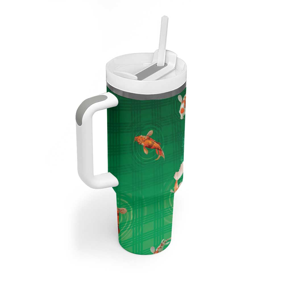 Hawaii And Japan Tumbler With Handle Plumeria Lei With Koi Fish Green LT05 - Polynesian Pride
