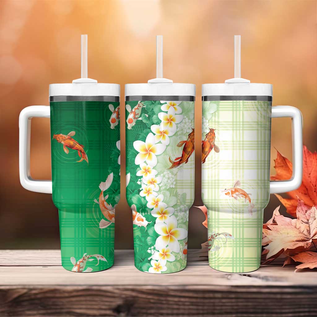 Hawaii And Japan Tumbler With Handle Plumeria Lei With Koi Fish Green LT05 - Polynesian Pride