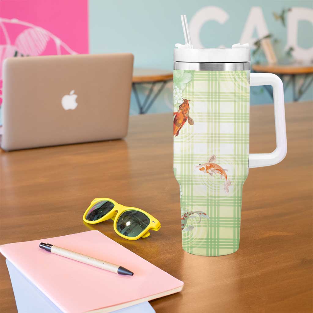 Hawaii And Japan Tumbler With Handle Plumeria Lei With Koi Fish Green LT05 - Polynesian Pride