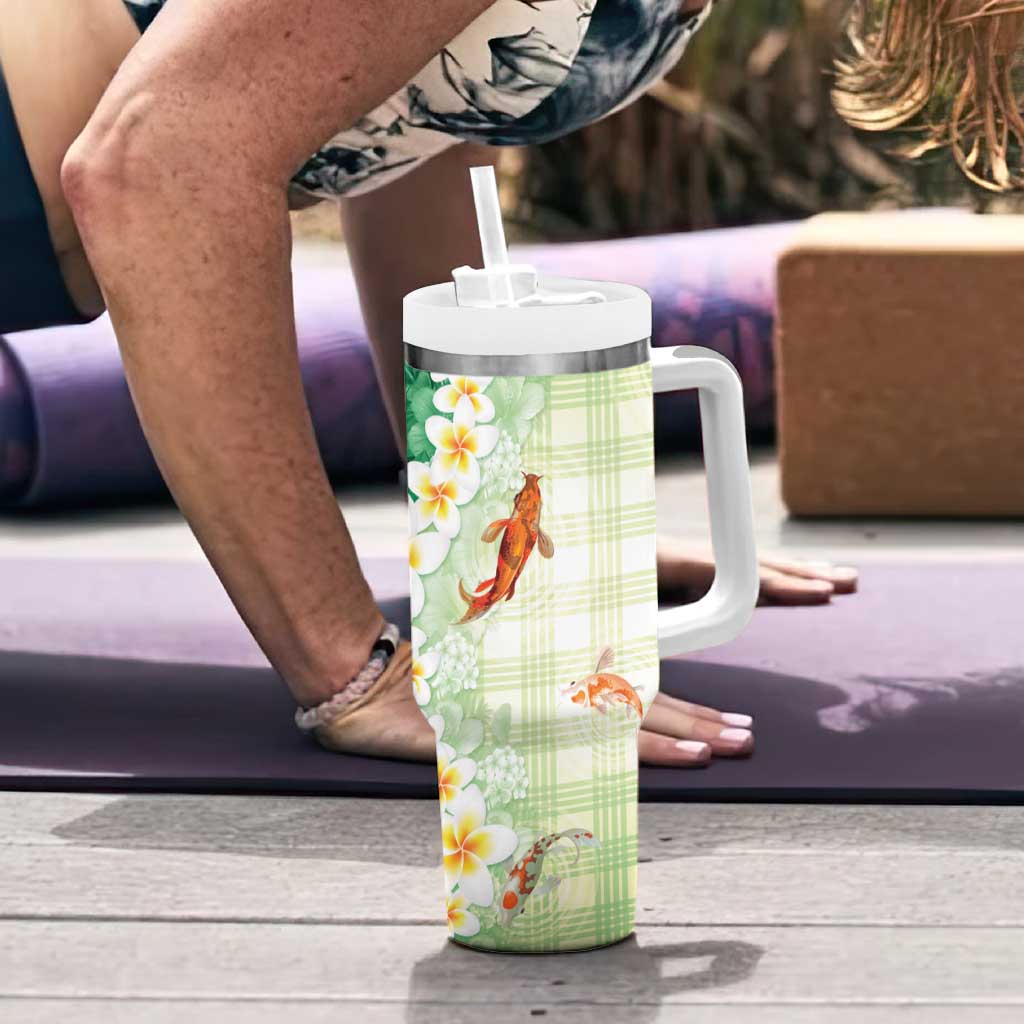 Hawaii And Japan Tumbler With Handle Plumeria Lei With Koi Fish Green LT05 - Polynesian Pride
