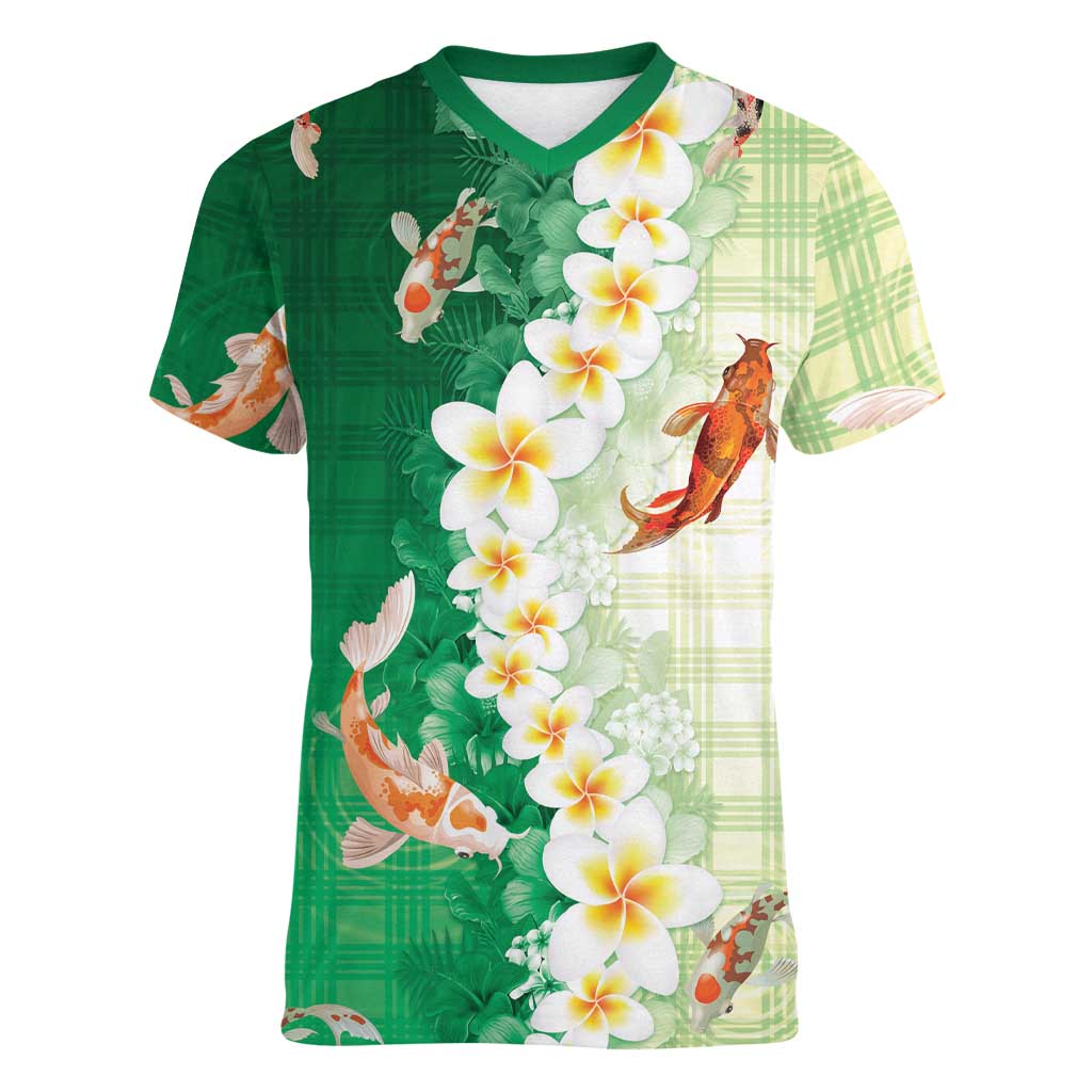 Hawaii And Japan Women V-Neck T-Shirt Plumeria Lei With Koi Fish Green LT05 Female Green - Polynesian Pride