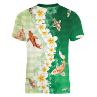 Hawaii And Japan Women V-Neck T-Shirt Plumeria Lei With Koi Fish Green LT05 - Polynesian Pride